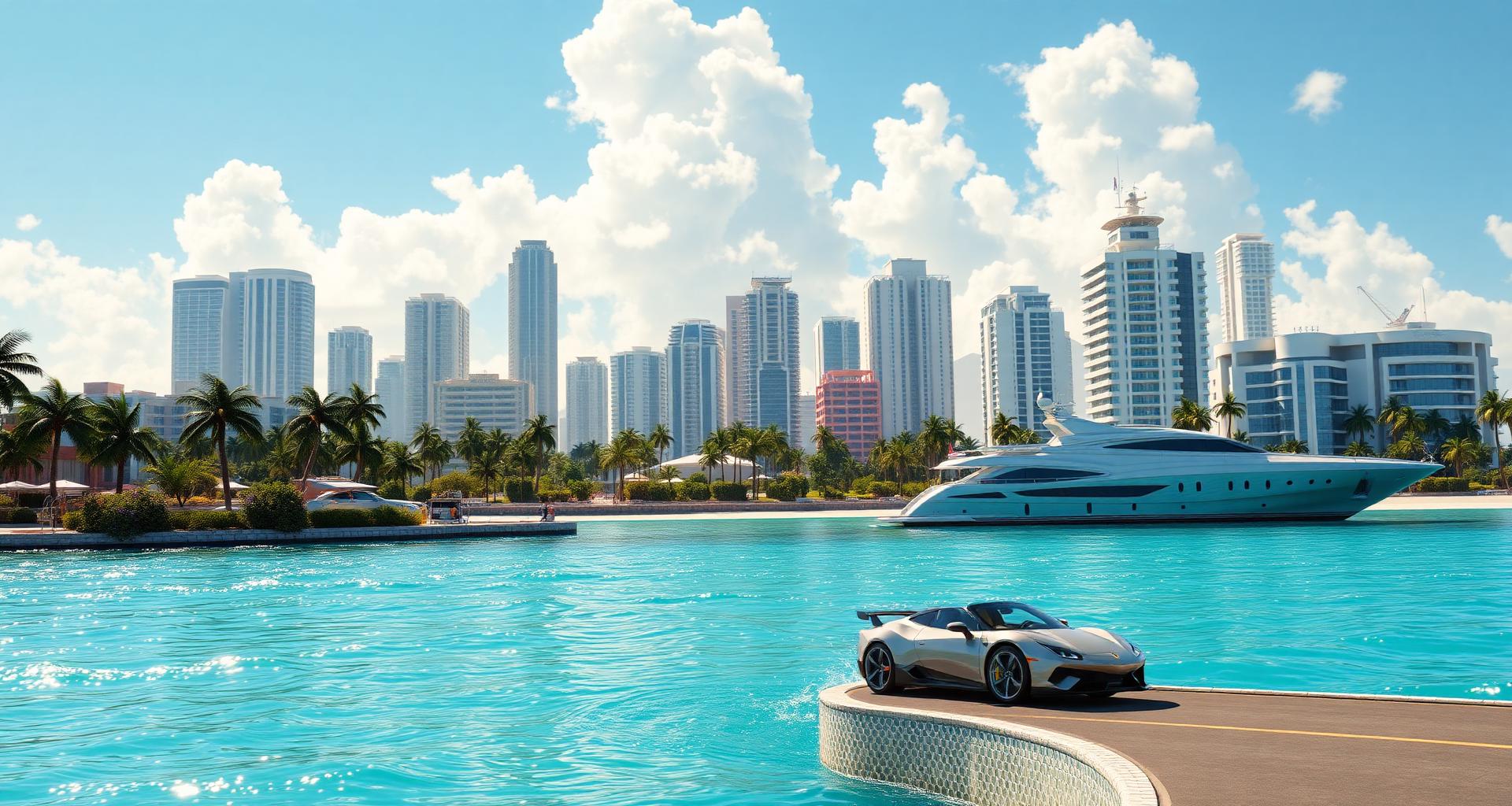Daytime coastal Leonida — palm-lined boulevard, turquoise bay, silver sports car cruising past the skyline